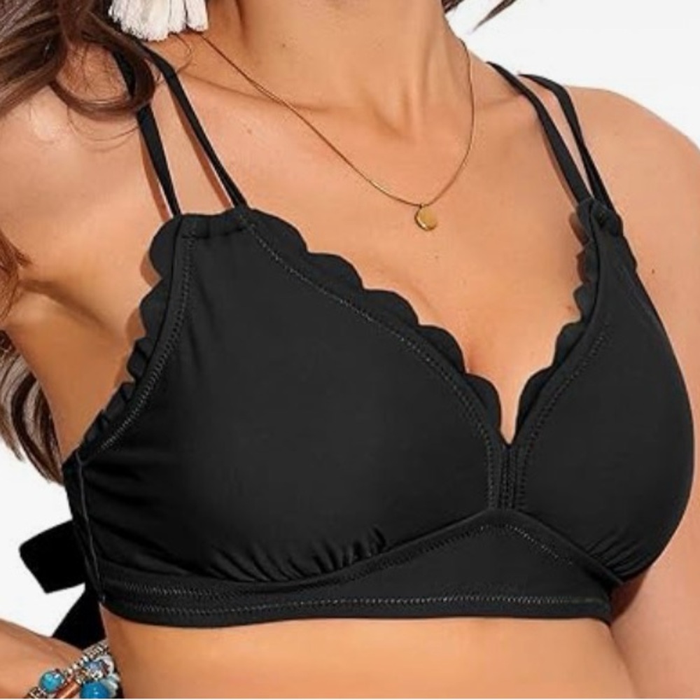 Black Scalloped Swim Top